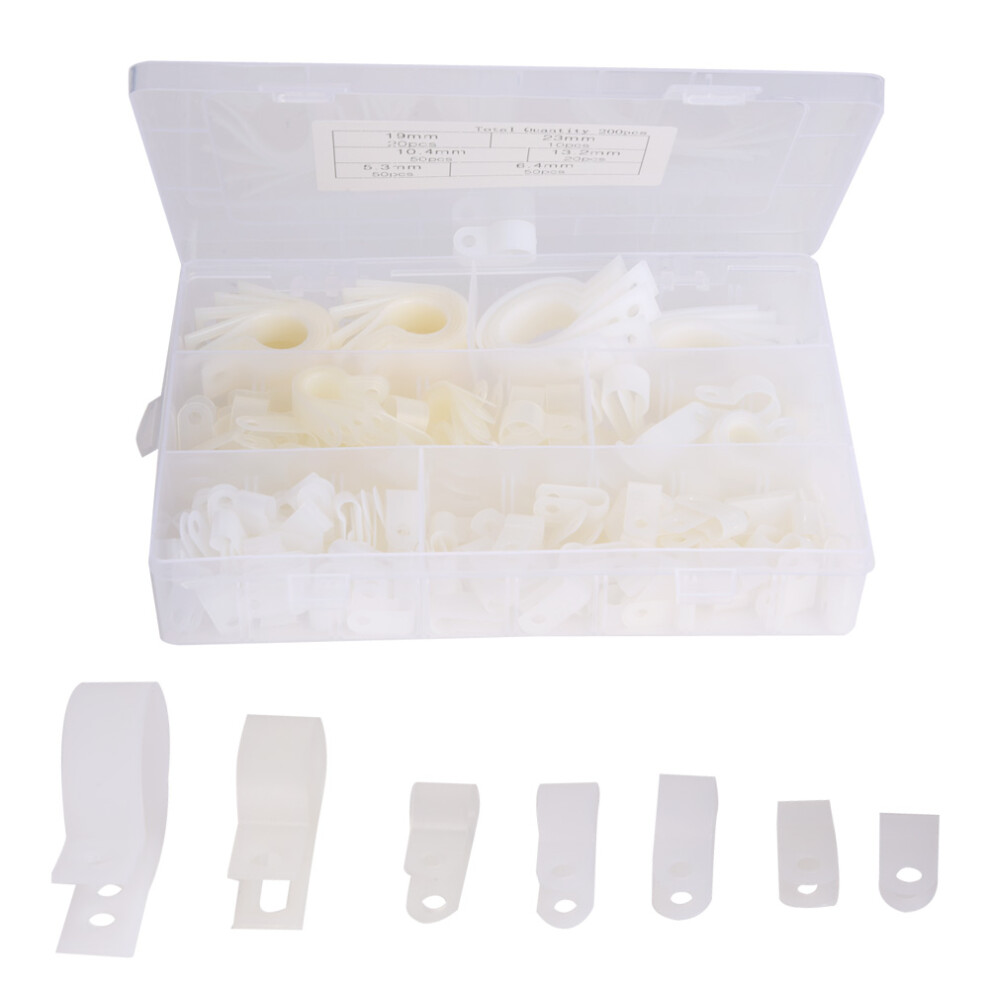 Plastic Cable Fasteners 200Pcs Nylon P-Type Clips Assorted White 7641362343522