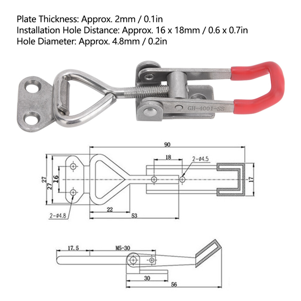 2Pcs Stainless Steel Toggle Clamp Clips Gh-4001-Ss, 150Kg, 2Mm Thick 9351362343504