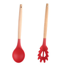 Juego de utensilios de cocina artesanales, cuchara de silicona y cucharón de madera con mangos antideslizantes, cabezales de silicona extraíbles