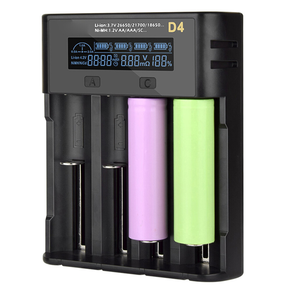 D4 Lcd Lithium Battery Charger 4 Slots 21700 26650 Aa Aaa Usb Black 4981362348312