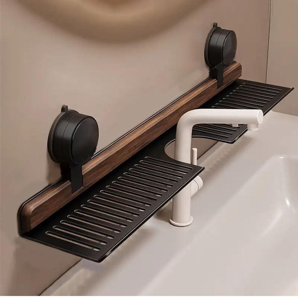 Suction Cup Walnut Shelf Faucet For Bathroom Sink Rack Over Faucet Removable Vanity Tray Wall-Mounted Washbasin Shelf Kitchen Storage (Black 40 Cm) 9339159284605