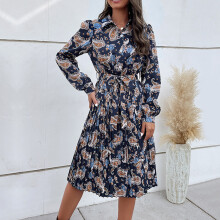 Langarmbluse mit floralem Muster, Knopfdress in Navyblau, Größe XL, Casual Elegant für Frauen