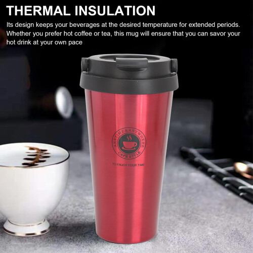 Isolierter Edelstahl-Reise-Kaffeebecher 500ml Rot mit Deckel 2