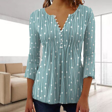 Damen V-Ausschnitt Bluse mit Punkteprint, 3/4-Ärmel, Grün, Größe M