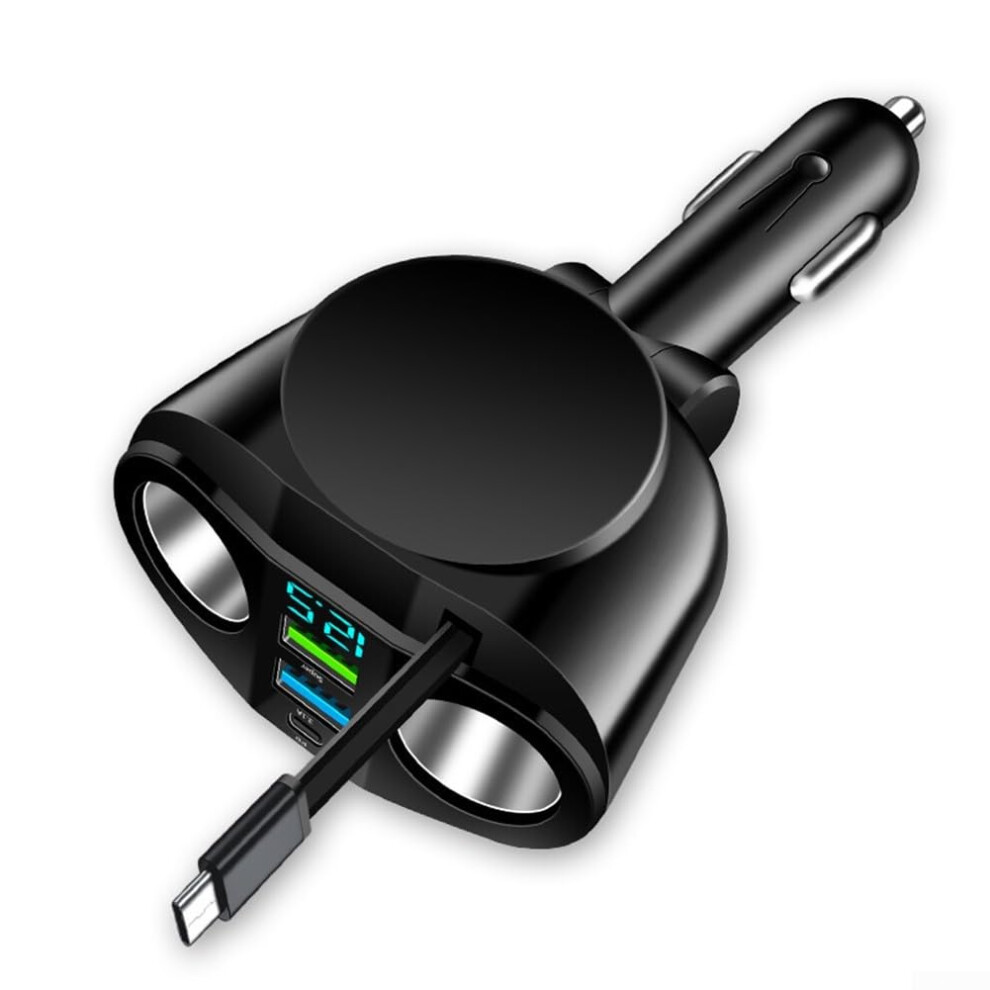 Car Charger With 0 Dual Usb Ports, 66W Pd30w Output, Retractable Cable And Digital Display For Fast Charging Smartphones And Tablets (66W) 9105992139415