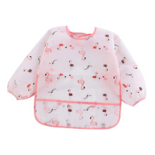 Long Sleeve Apron with Cartoon Flamingo Pattern Breathable Painting and Eating Bib Reusable Protective Coverall for Years Old Pink