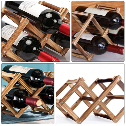 1Pc Foldable Wooden Wine Rack Brown Modern Wine Holder Storage Shelf 2
