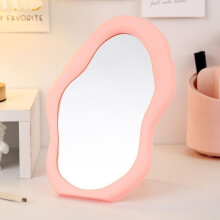 (Pink) Irregular Shaped Countertop Makeup Vanity Cosmetic Decorative Wall Hanging Mirror with Stand (Green)