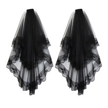 2Pcs Black Lace Wedding Veil Mesh Fabric Double Layer Veil for Brides