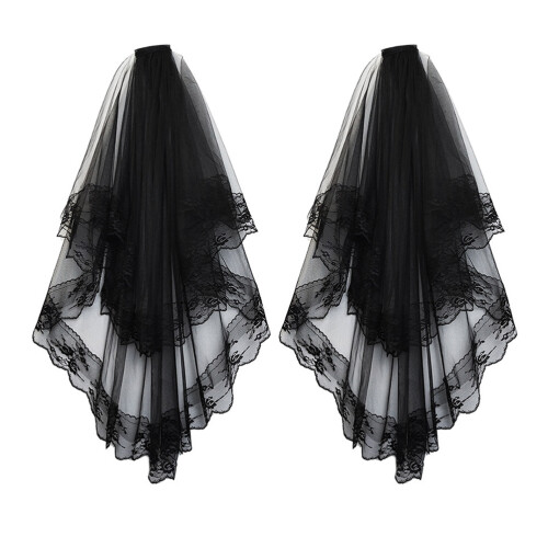 2Pcs Black Lace Wedding Veil Mesh Fabric Double Layer Veil for Brides