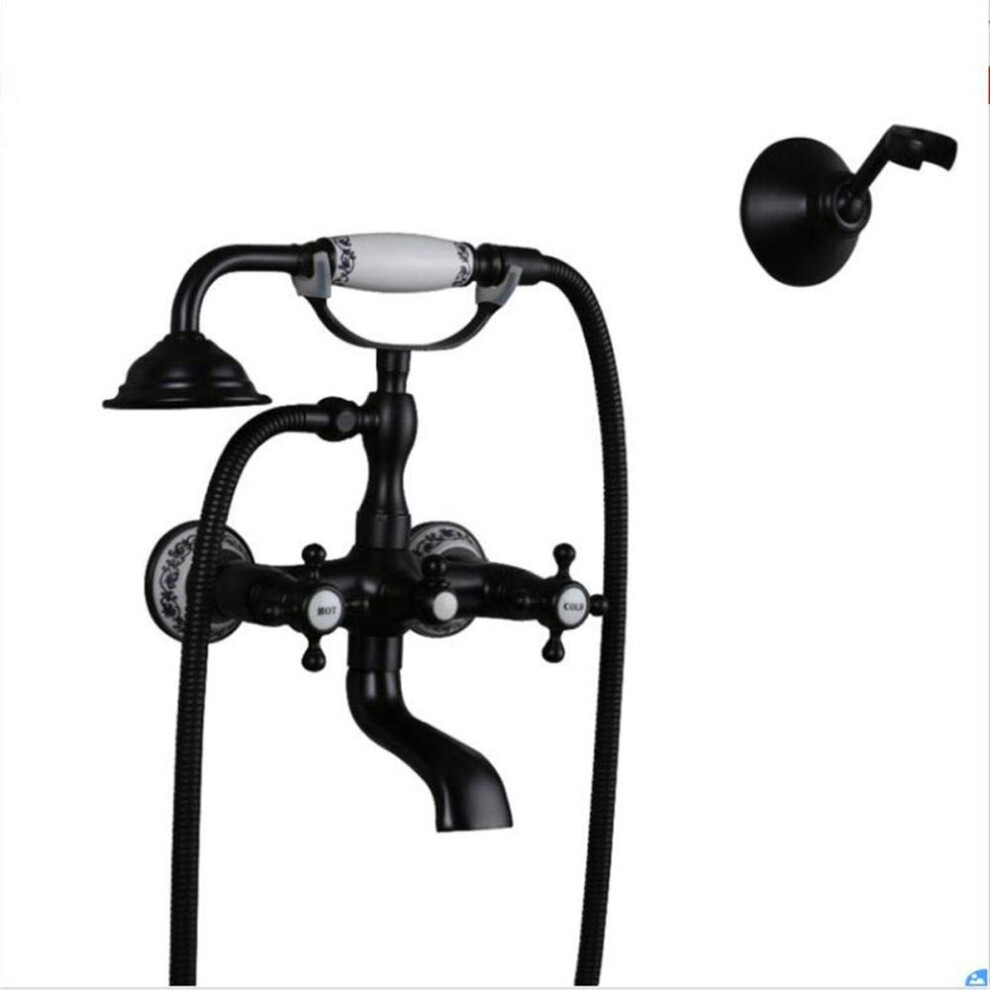 Bath Taps With Shower Attachment Victorian Bathtub Mixer Tap With Handheld Dual Lever Bathroom Shower Taps Vintage Black, 9339159289266