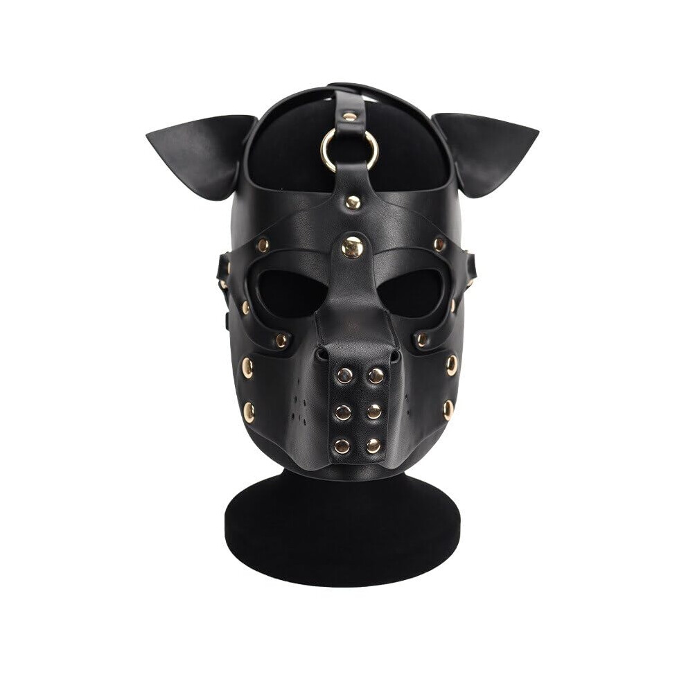 Black Unisex Sexy Fetish Role Play Costumes Of Leather Harness Dog Mask Headgear For Halloween Carnival Masquerade Party Fun Prop (Black)