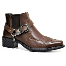 (coffee, UK 7 / EU 41) Mens Cowboy Boots Western Slip On Cuban Heel Ankle Harness Riding Biker Shoes Uk
