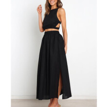 Damen Lang A-Linien Faltenrock Elastischer Bund Schlitz Saum Schwarz S