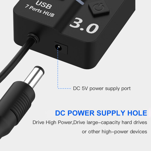 7-Port USB 3.0 Hub Splitter mit Ein/Aus-Schalter – Schwarz, 17*4,5*2 cm 2
