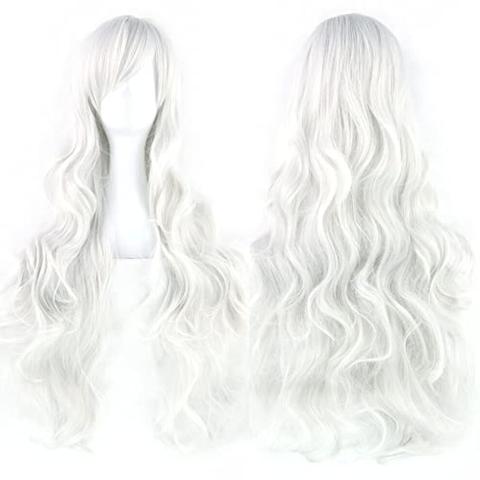 Unisex White 80Cm Long Curly Natural Hair Cosplay Wig With Bangs Colorful Halloween Costume Party Wigs For Women (Sliver )