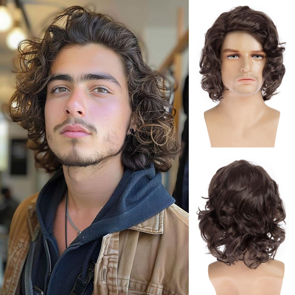 Mens Short Curly Brown Wig Handsome Synthetic Full Wigs Natural Halloween Cosplay Costume Hair Wig light brown