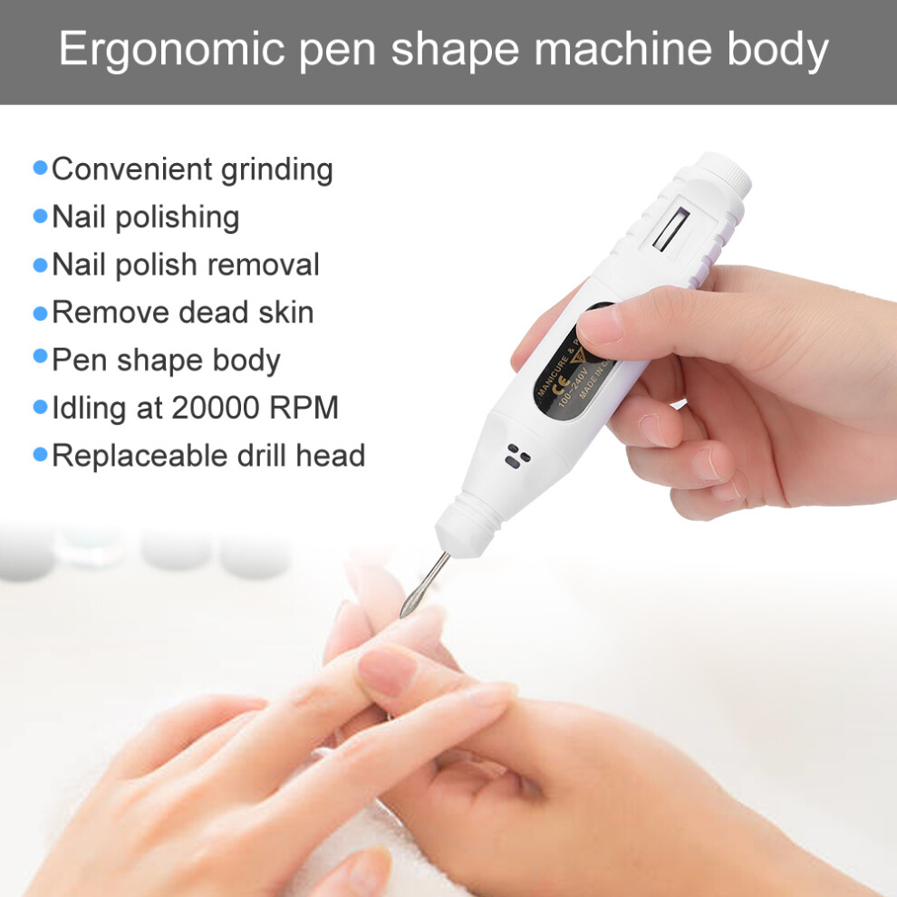 Durable USB Nail Drill Pen with Adjustable Speed - White 20000 RPM