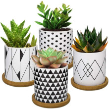 Sukkulententöpfe, 4er-Pack kleine Keramiktöpfe mit Abflusslöchern, inklusive Bambusuntersetzer, elegantes Design im Landhausstil – ideales