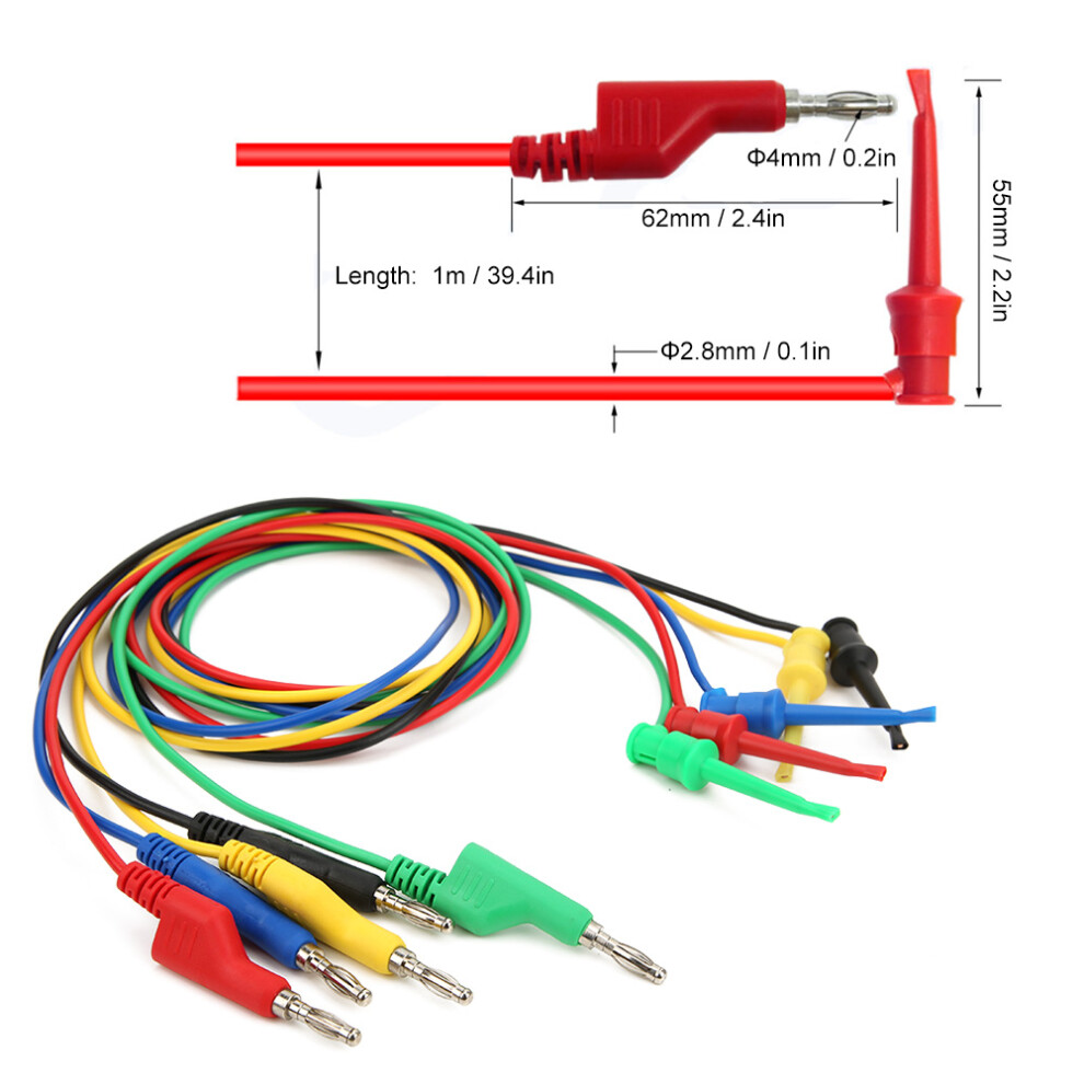 P1045 5Pcs 4Mm 1M Stackable Banana Plug To Test Clip Multimeter Test Lead 9331362424250