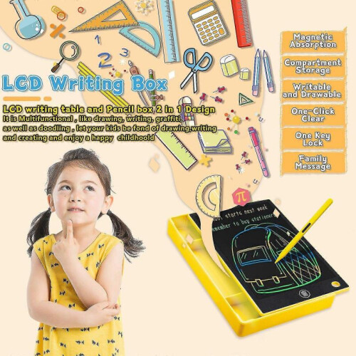 (Colors Yellow) 9.5inch Multi-functional Large Capacity Lcd Writing Box Pencil Case Graffiti Tablet Doodle Board Drawing 2