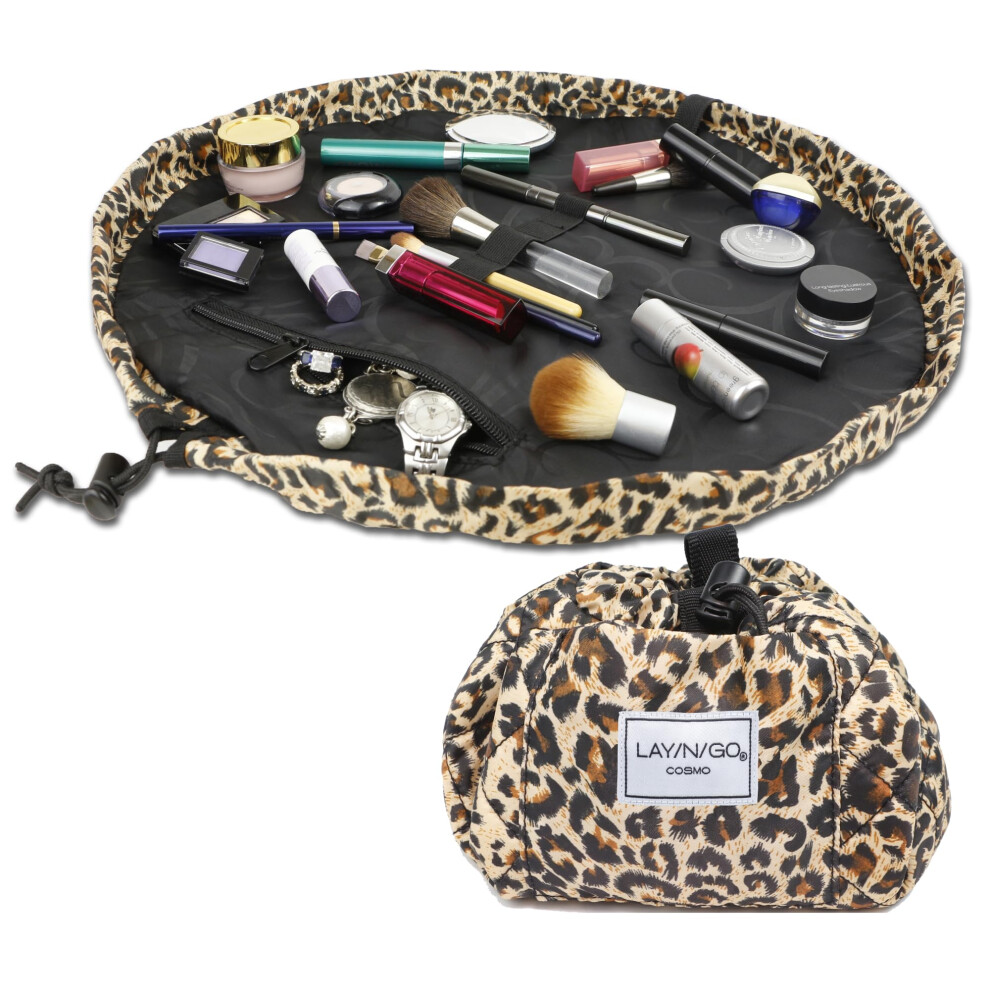 Lay-N-Go Cosmo Drawstring Cosmetic Pouch & Makeup Bag Organizer Toiletry Bag For Travel Gifts And Daily Use 20 Inch Leopard