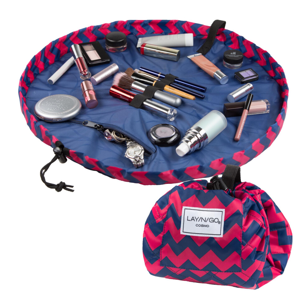 Lay-N-Go Pink Cosmo Drawstring Cosmetic Pouch & Makeup Bag Organizer Toiletry Bag For Travel Gifts And Daily Use 20 Inch Chevron