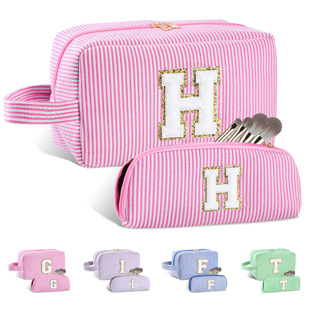 Huifen 2Pcs Personalized Initial Makeup Bag A-Z Travel Toiletry Bag Monogram Make Up Bags Preppy Cosmetic Bag Makeup Pouch Birthday Graduation Gifts