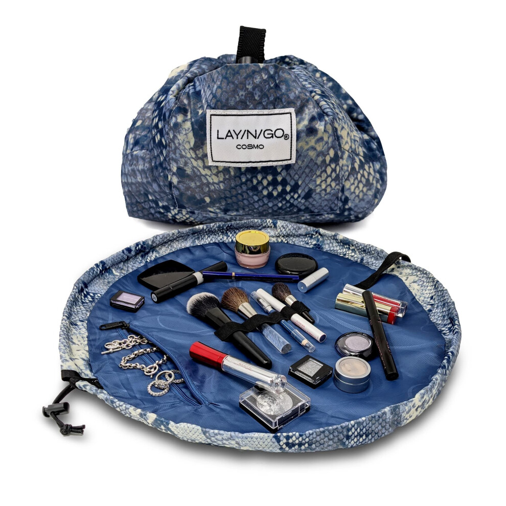 Lay-N-Go Blue Cosmo Drawstring Cosmetic & Makeup Bag Organizer Toiletry Bag For Travel Gifts And Daily Use 20 Inch Snakeskin