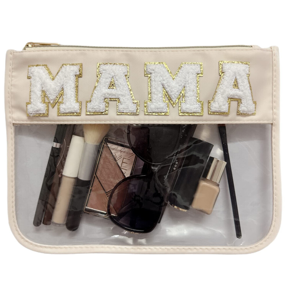 Cqoogrlx Beige Clear Makeup Letter Bag Chenille Letter Bag Stadium Preppy Clear Makeup Bags Cosmetic Toiletry Pouches Bag For Women Girls(-Mama)
