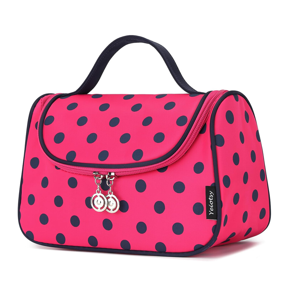 Yeiotsy Red Cosmetic Bag, Polka Dots Toiletry Organizer Travel Bag For Women (Rose )