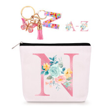 Lingdeer Personalized Makeup Bag with Initial Keychain Custom Initial Monogram Small Travel Cosmetic Toiletry Bag Birthday Gifts for Women Girl Bri