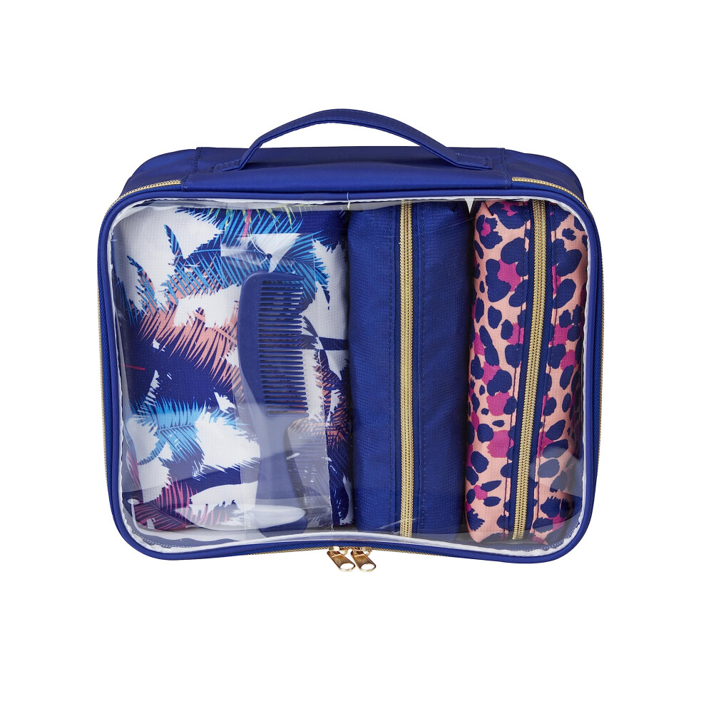 Conair 5 Piece Toiletry And Cosmetic Bag Set Under $30, Includes 4 Makeup Bags And 1 Travel Comb In Blue Palm Prints