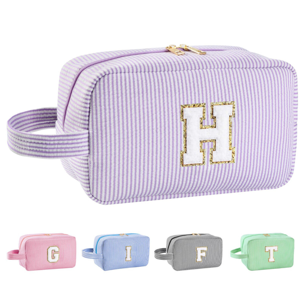 Huifen Personalized Initial Makeup Bag A-Z Travel Toiletry Bag Monogram Make Up Bags Preppy Cosmetic Bag Cute Makeup Pouch Birthday Graduation Gifts