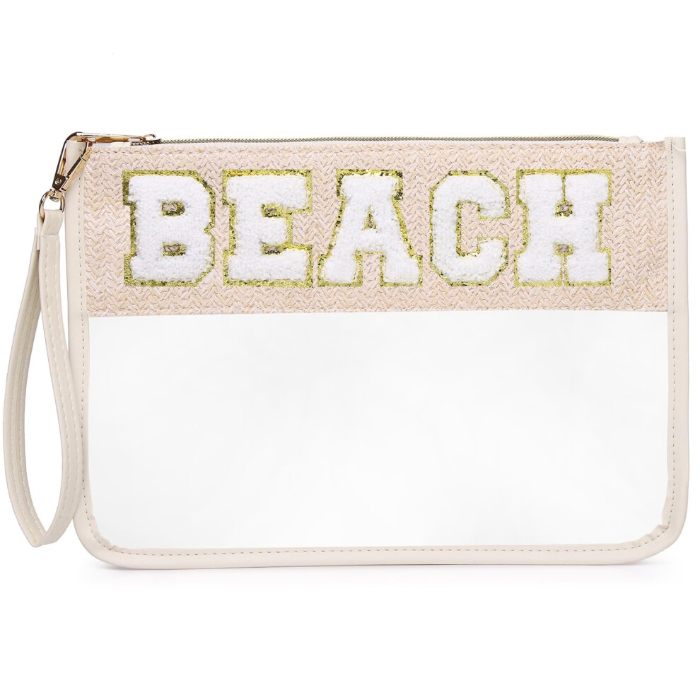 Pinkmik Chenille Letter Clear Zipper Pouch For Travel Clear Snack Bag Beach Cosmetic & Toiletry Makeup Bag For Women (Beach)