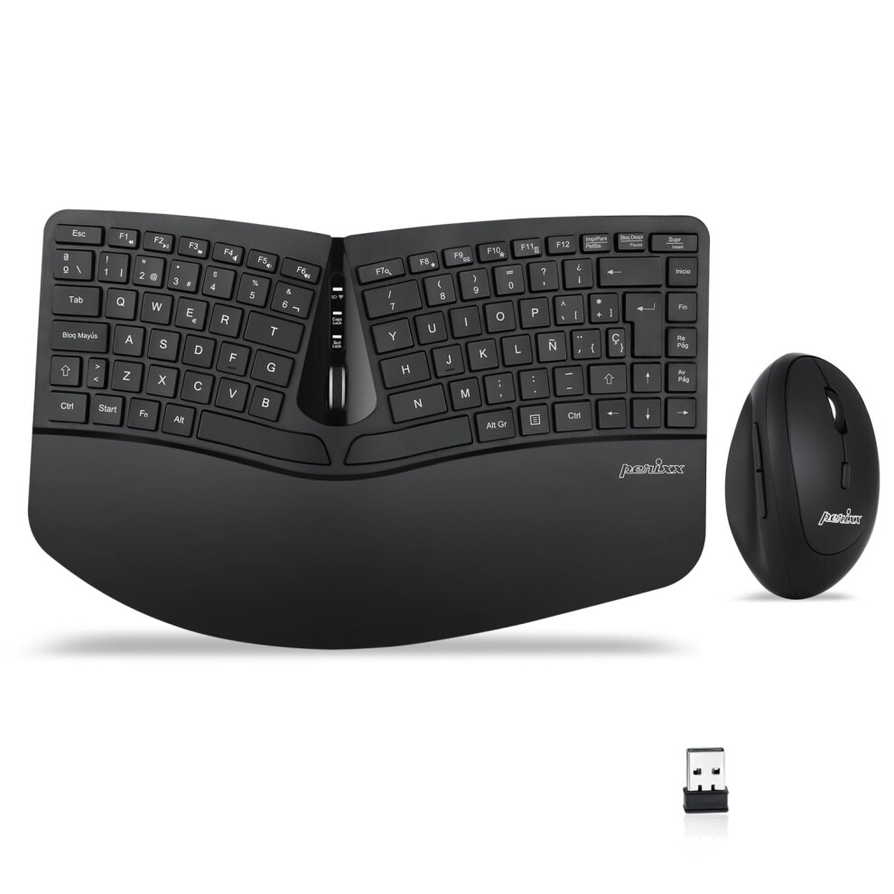 Perixx Periduo-606 Es Set De Teclado Compacto Ergon?Mico Inal?Mbrico Y Rat?N Vertical Port?Til - Con Reposa Mueca Ajustable Y Teclas De Membrana Low 4049571002897