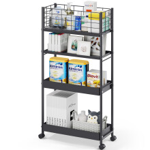 KINGRACK Slanke opbergwagen, 4-laags metalen rolwagen met wielen, badkamerorganisator, magere rollende trolley, mobiele stellingkast voor kantoor