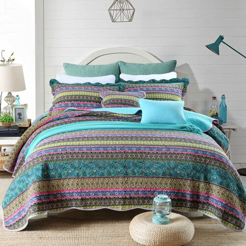 NEWLAKE Stribet Jacquard Style Bomuld Patchwork Senget?ppe Quilt S?t Twin Size