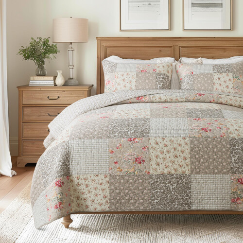 SLPR Coperta Patchwork in Cotone Cotswolds - Dimensione Queen con 2 Federe, Stile Neutro Floreale e Crema
