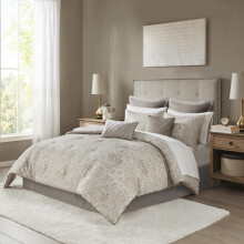 Madison Park Emilia Bed in a Bag Comforter Set with Sheets Gold Metallic Jacquard Damask Design Traditional All Season Bedding Includes Bedskirt