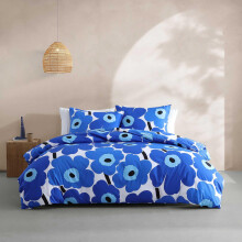 Marimekko - Set Copripiumino Full/Queen, Cotone Percale, Letto Reversibile con Federe, Decorazioni Floreali (Unikko Blu)
