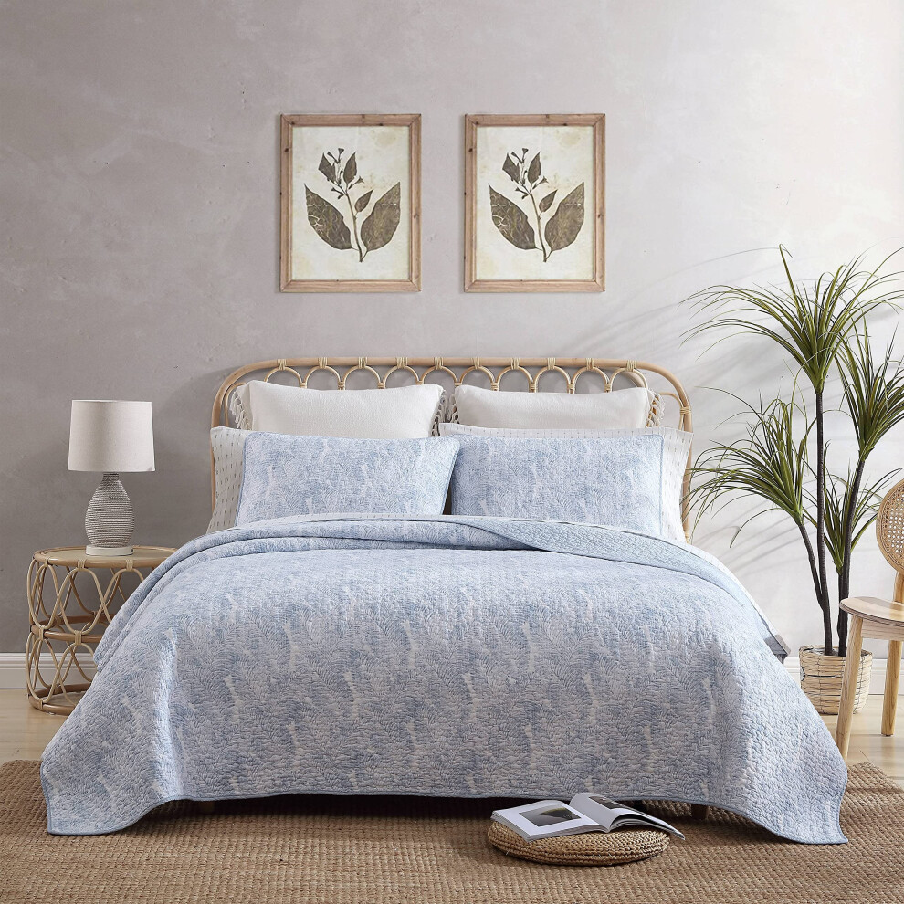 Tommy Bahama - King Quilt Set Reversible Cotton Bedding With Matching Sham Coastal Bedding Set With Textured Reverse (Distressed Water Leaves Blue