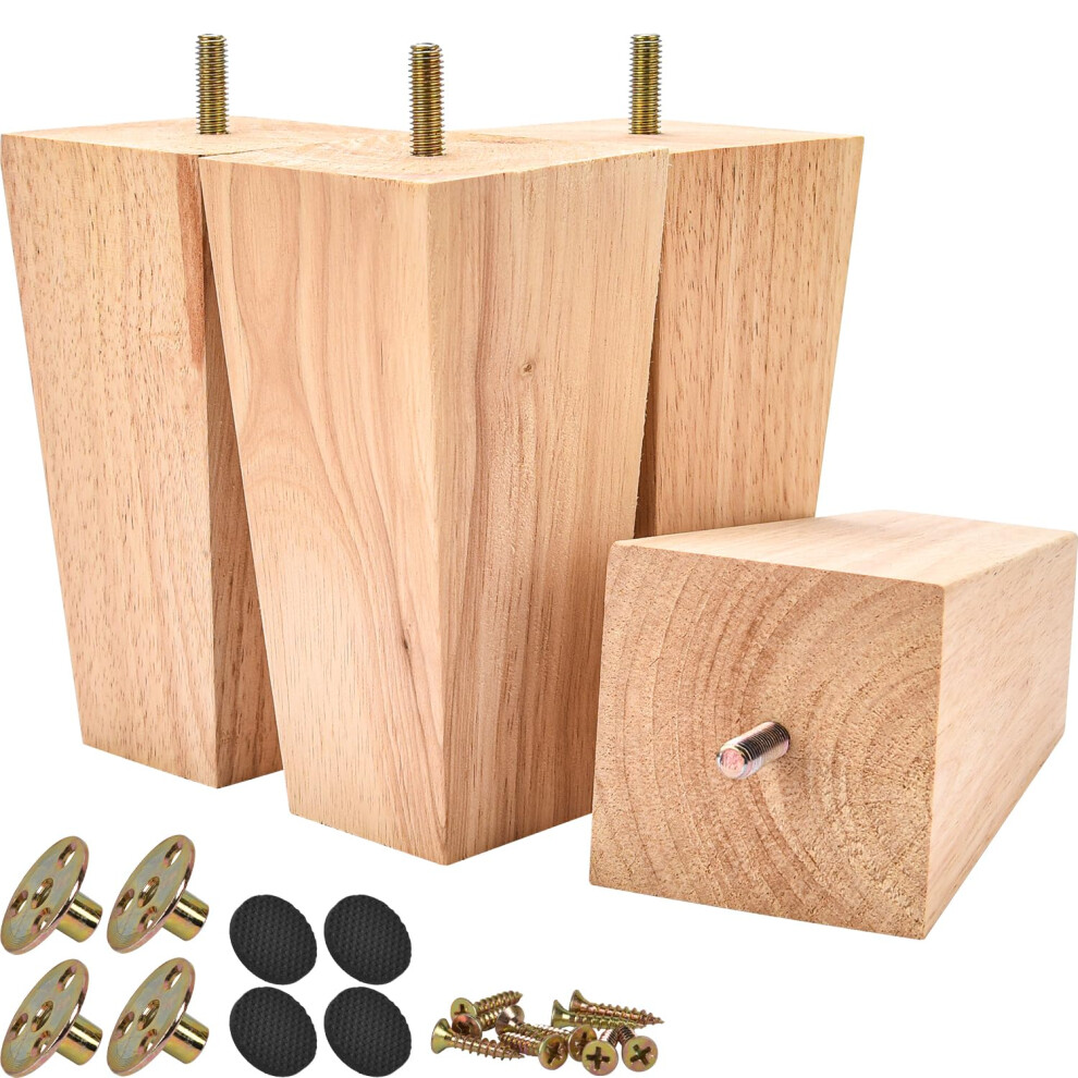 Btowin 4 Inch Solid Wood Furniture Legs 4Pcs Mid-Century Modern Wooden Pyramid Replacement Feet With Threaded 5/16'' Hanger Bolts & Mounting Plate & 8489254166069