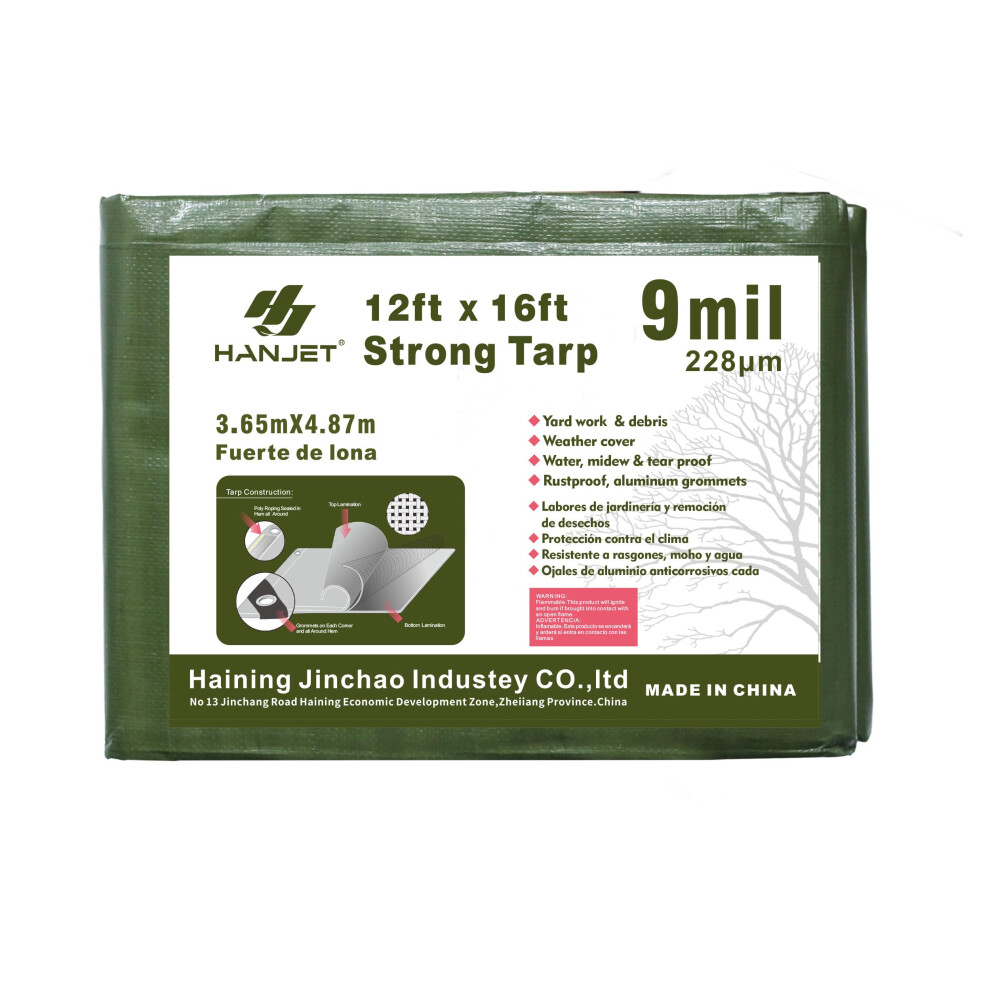 Hanjet Multi Purpose Tarp 12' X 16' 9-Mil Thick Waterproof Camping Tents Tarps Poly Tarpaulin Green 602130183730