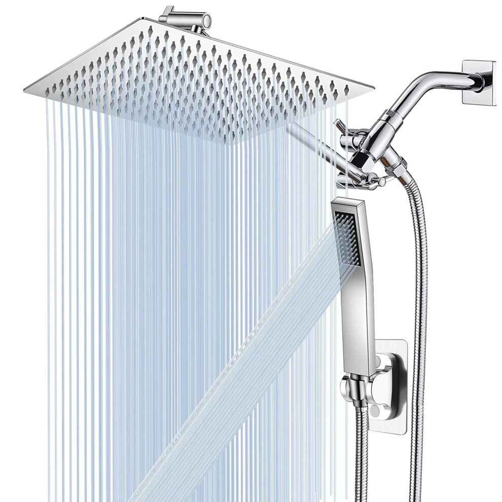 All Metal 12'' Rain/Rainfall Shower Head With Handheld Spray Combo High-Pressure Square Shower Head With 13'' Extension Arm Dual Chrome Shower Head 736961033800