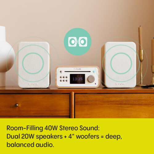 Pure PURE Classic Stereo Mini White Cotton Oak DAB+ FM CD Bluetooth USB 1