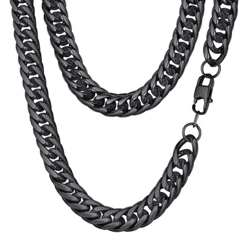 FindChic Men Chains Black Chunky Cuban Chain til 12mm 30'' Double Tight Curb Rapper Link