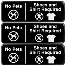 Cartel de No Mascotas, Zapatos, Camiseta Requeridos: Cartel de Plástico Informativo de 9"x3", Paquete de 3 (Negro)