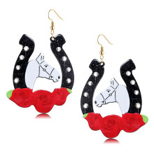 Kentucky Derby Cavallo da corsa per donne Glitter acrilico strass Ferro di cavallo rosa Orecchini pendenti Gioielli Regalo per fan delle corse di