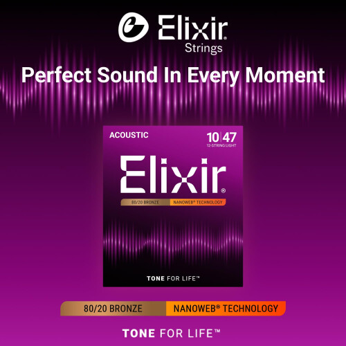 Elixir 80/20 Bronze Acoustic Sets Ultra-Thin Nanoweb Coating 12 String - Light (0.010-0.047) 1